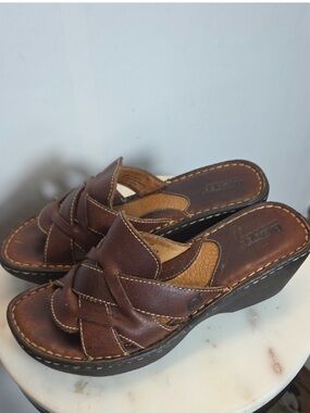 Born Comfort Leather Wedge Slide - Brown Size 7